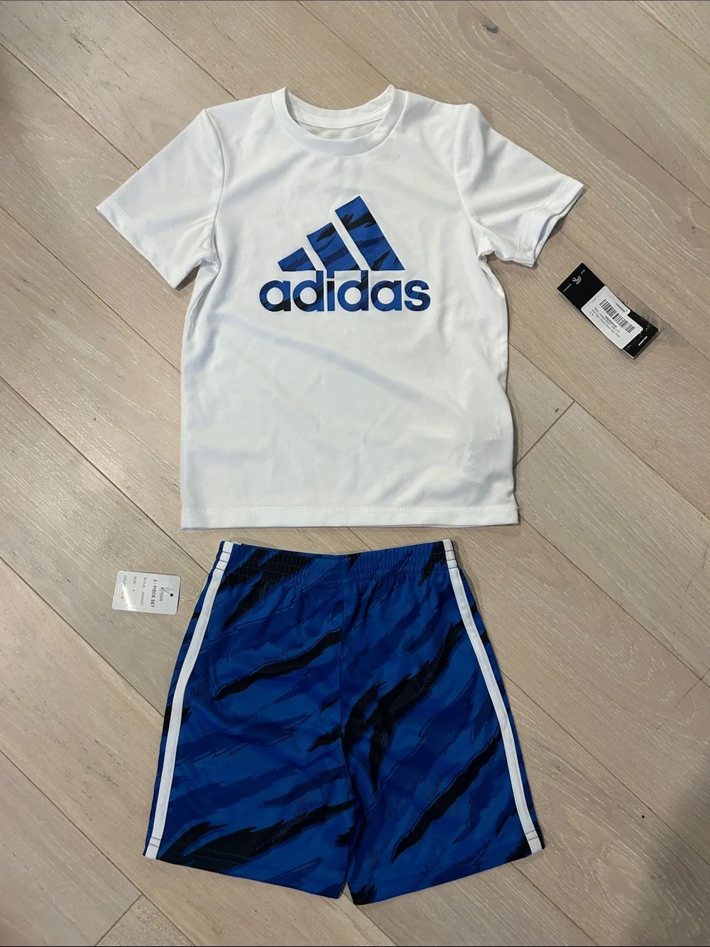 adidas White Tee with Blue Camo Logo and Blue Shorts